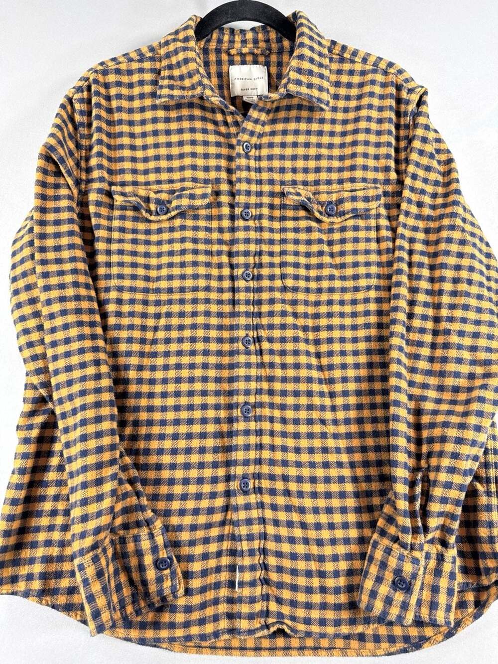 American Eagle Super Soft Yellow Blue Plaid Flannel Button Up Shirt Men's Medium